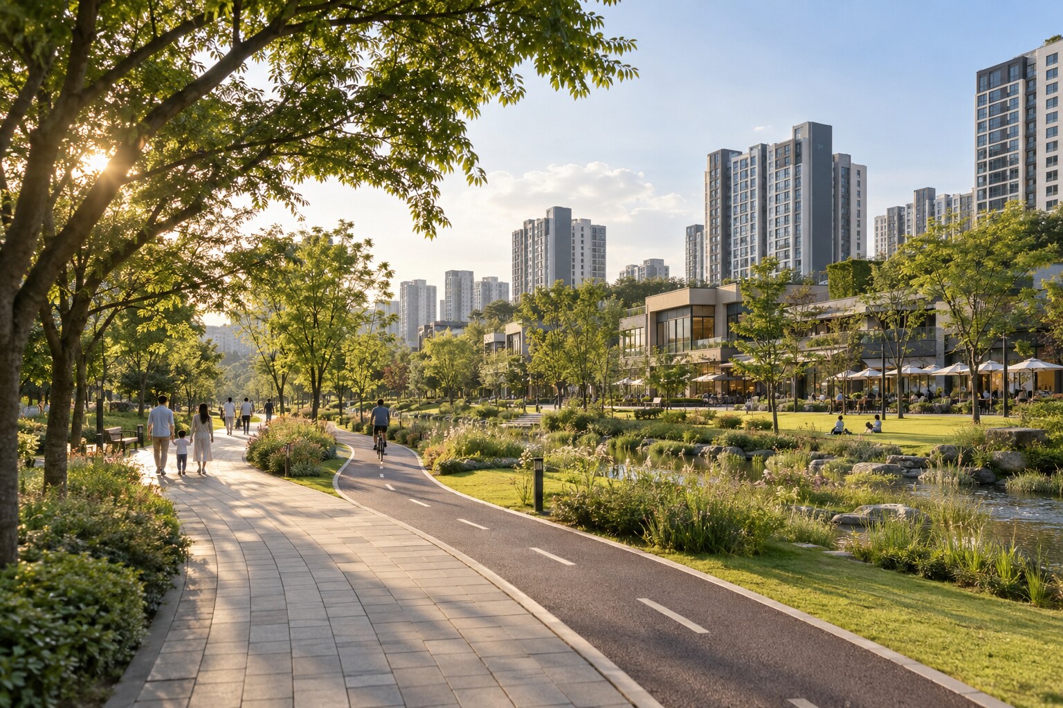 공원 산책로와 생활시설, 주거단지가 어우러진 가경동 생활권 연출 이미지